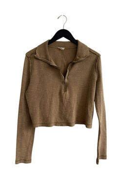 Pilcro Gauzy Ribbed Long Sleeve Quarter Zip Crop Top Sz Small Neutral Brown